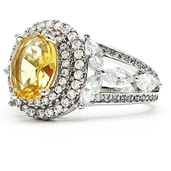 ▶Noble Hollow Beautiful Oval Crystal Royal Yellow CZ Silver Ring for Women, L073 - Picture 3 of 9